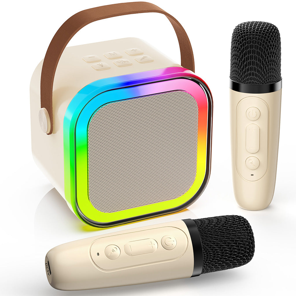 JYX K12 mini karaoke box for kids with 2 wireless microphones, offering an engaging and fun singing experience.