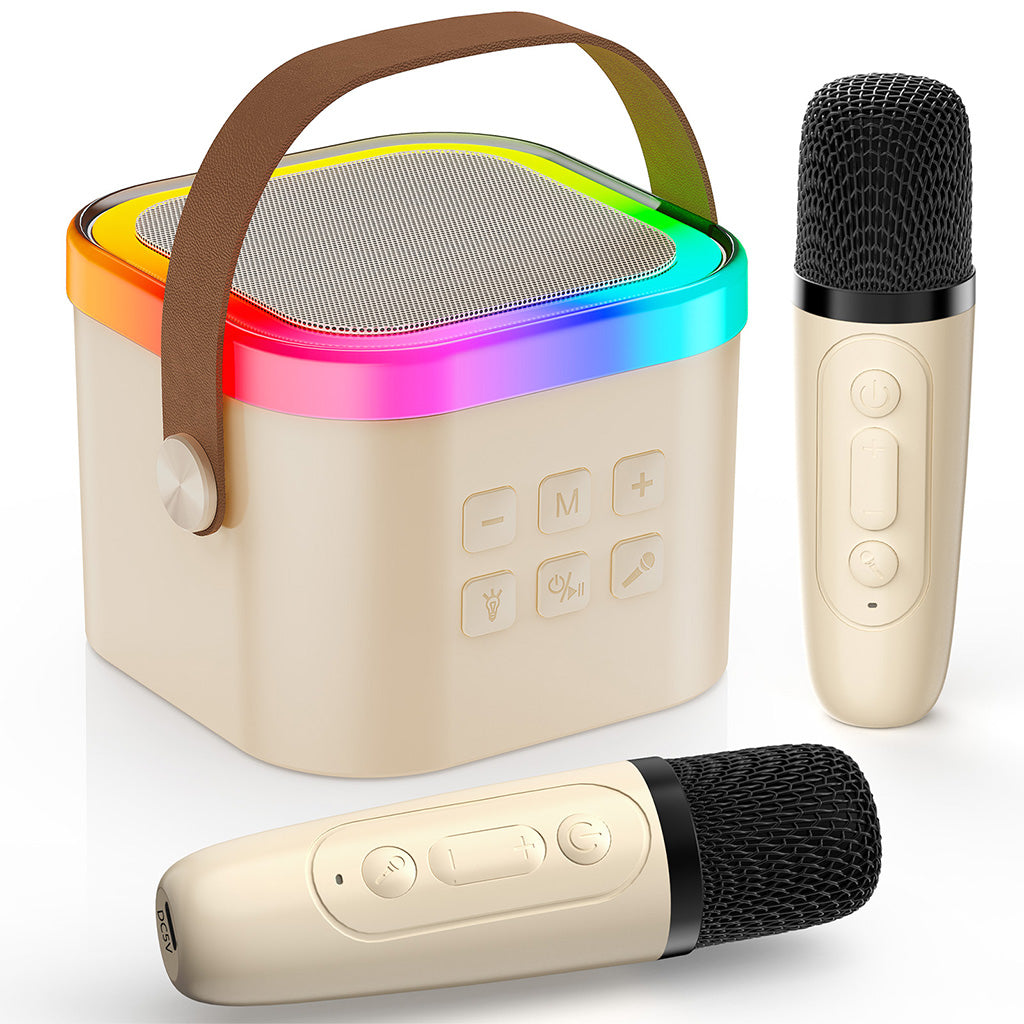 JYX K12 mini karaoke box for kids with 2 wireless microphones, offering an engaging and fun singing experience.