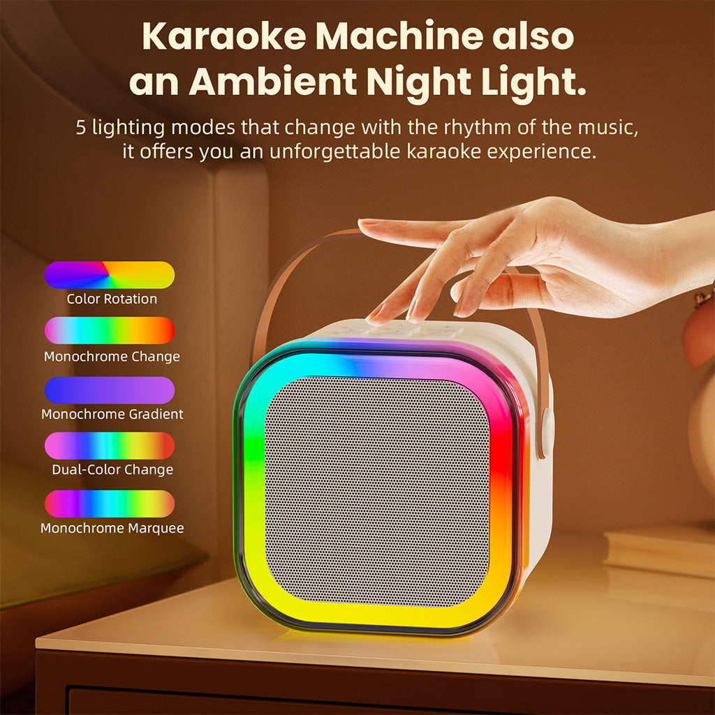 JYX K12 mini karaoke box for kids with 5 lighting modes, including color rotation, monochrome change, and rhythm-based effects, providing an unforgettable karaoke and ambient experience.