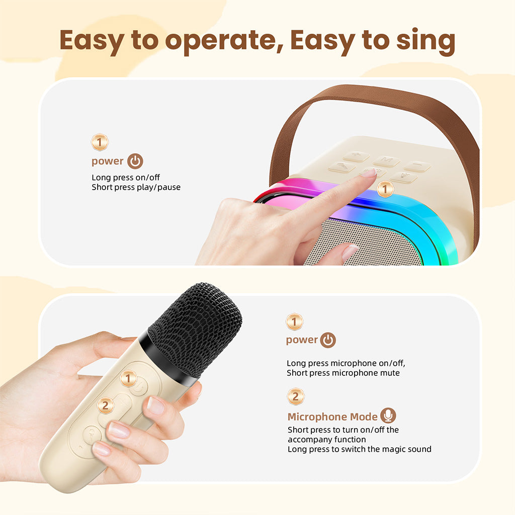 JYX K12 mini karaoke box for kids, easy to operate, featuring power on/off, play/pause, microphone control, and magic sound effects.