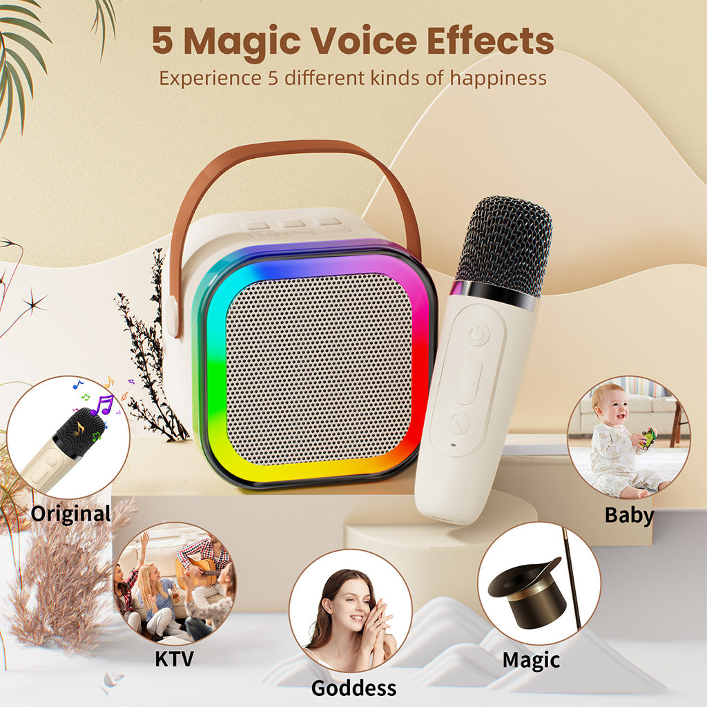 JYX K12 mini karaoke box for kids with 5 magic voice effects: original, KTV, goddess, magic, and baby voice, offering a fun and exciting karaoke experience.