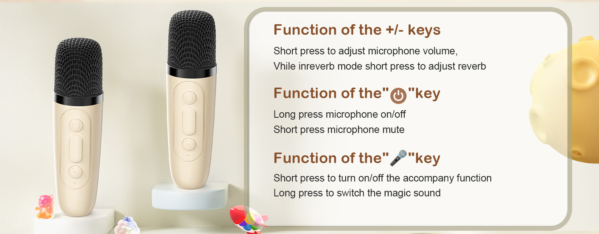 JYX K12 mini karaoke box for kids with volume and reverb controls, microphone on/off, mute, and magic sound switch functions.