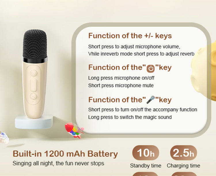 JYX K12 mini karaoke box for kids with volume and reverb controls, microphone on/off, mute, and magic sound switch functions.