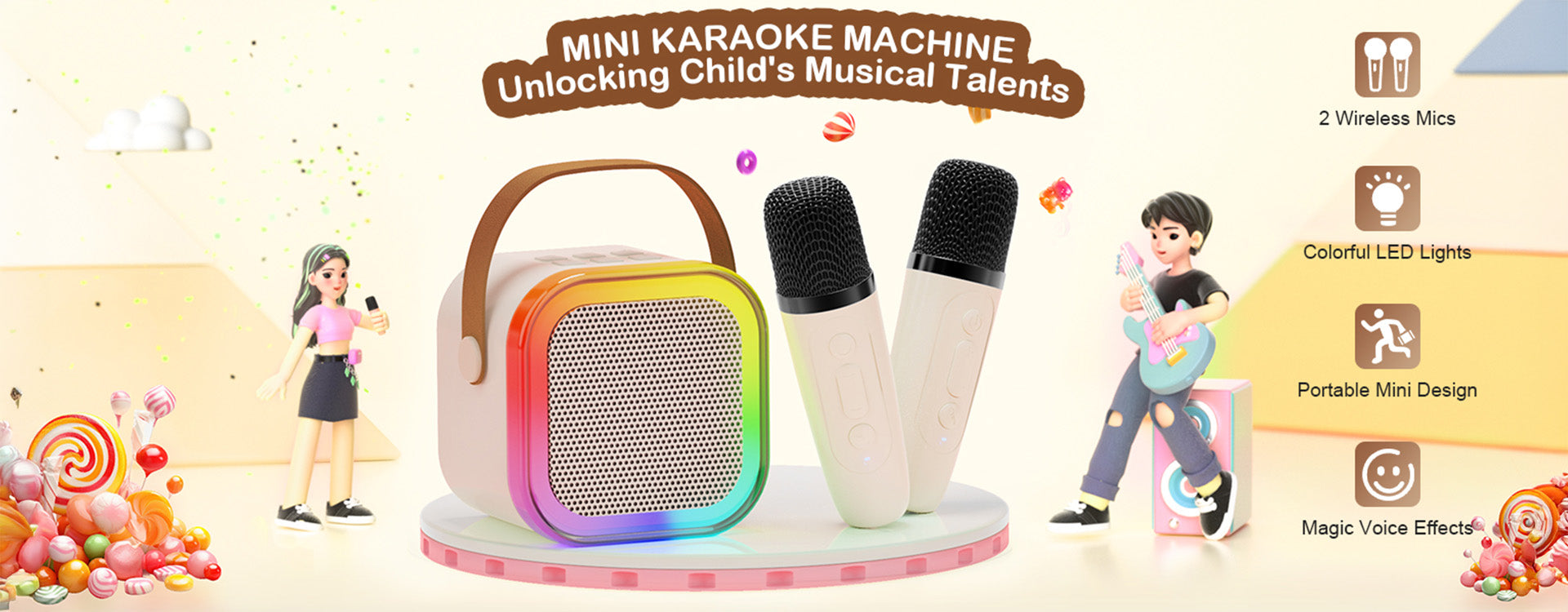 JYX K12 mini karaoke machine for kids with 2 wireless mics, LED lights, and magic voice effects.