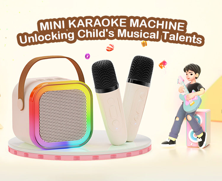 JYX K12 mini karaoke machine for kids with 2 wireless mics, LED lights, and magic voice effects.