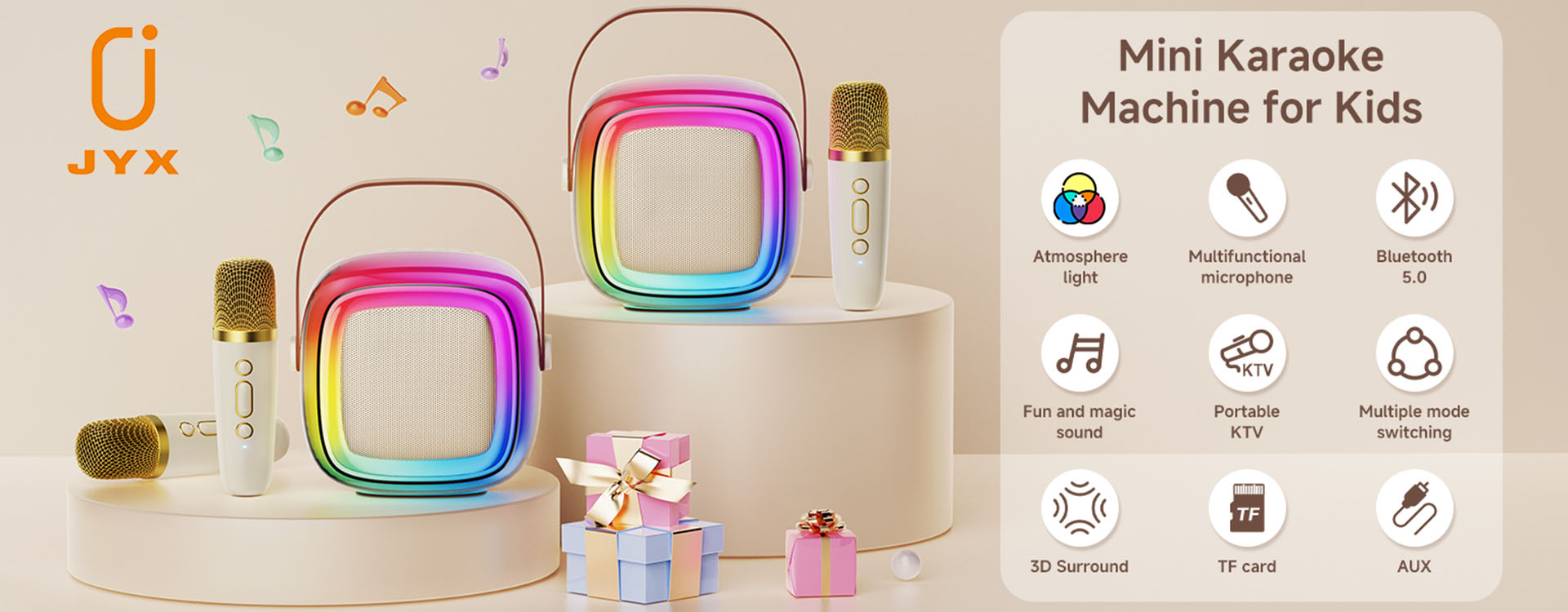 D32 mini kids karaoke machine with colorful light, Bluetooth 5.0, and 3D surround.