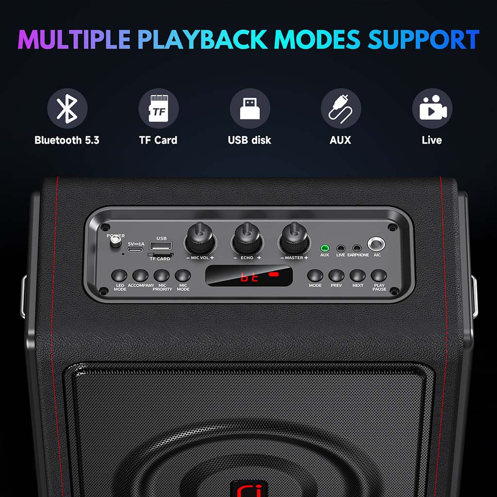 JYX MS75 karaoke speaker supports Bluetooth 5.3, TF card, USB disk, AUX, and live modes for versatile playback.