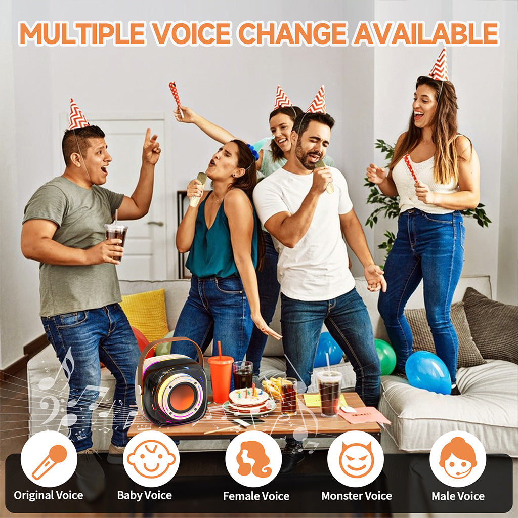 JYX D39 karaoke machine with 2 wireless microphones, multiple voice change options including baby, female, male, monster, and original voices.