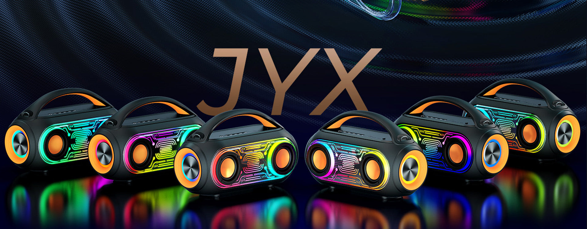 The JYX D51 is a portable outdoor Bluetooth speaker with 2 wireless mics, featuring colorful lights.