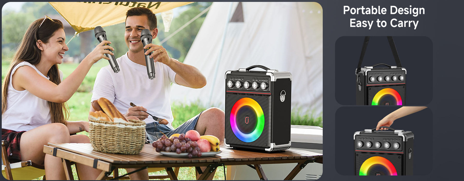  Karaoke speaker for adults with 2 wireless microphones, perfect for outdoor parties and travel.