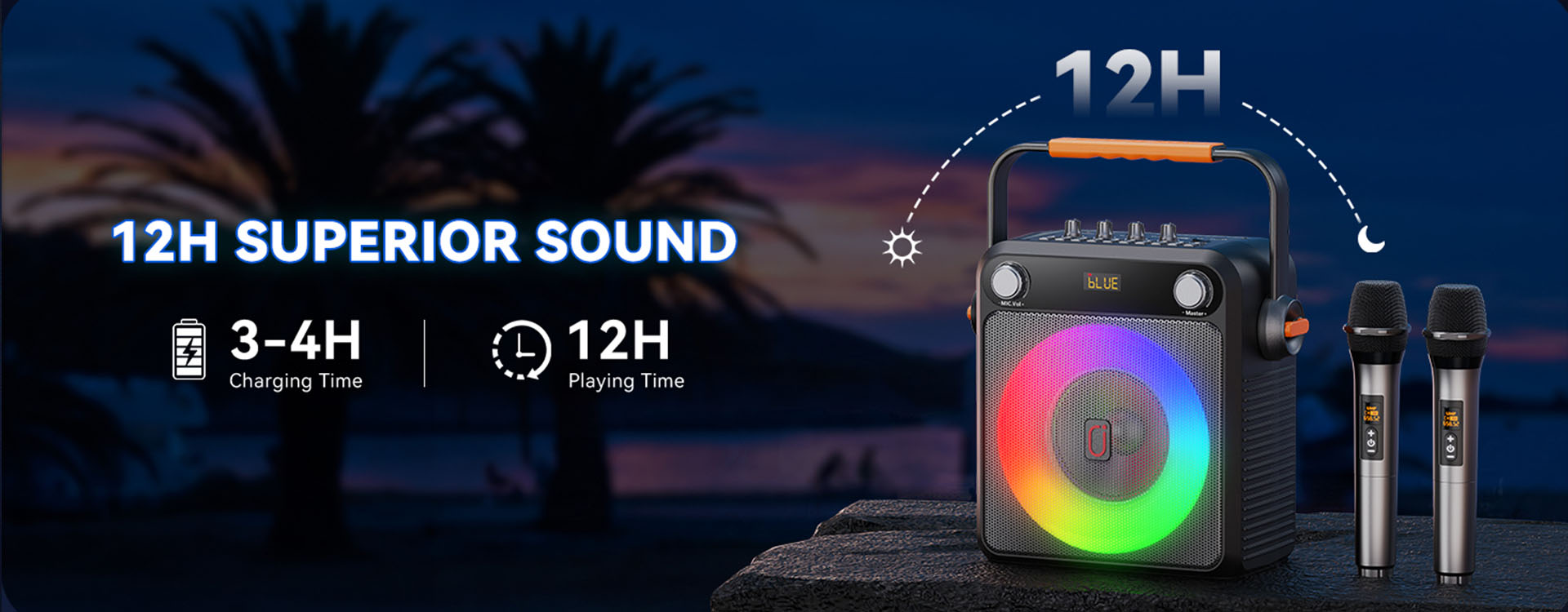 JYX T23-T portable Bluetooth karaoke speaker for adults. 12H superior sound, 3-4H charge time, 12H playtime.