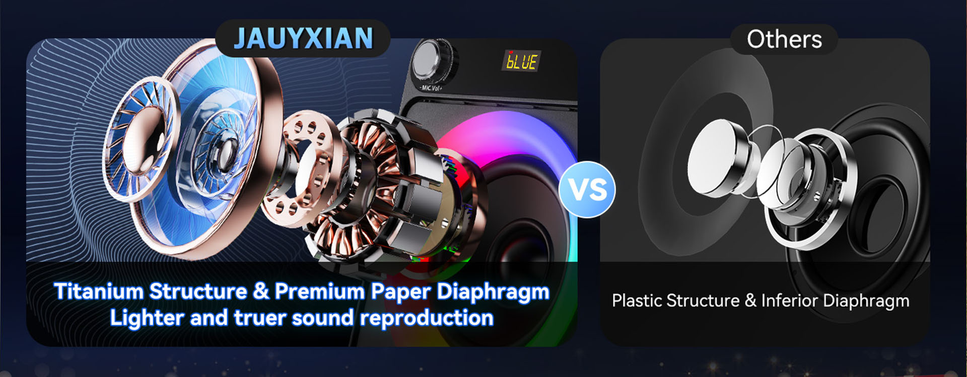 The JYX T23-T portable Bluetooth karaoke speaker for adults has a JAUYXIAN titanium structure and premium paper diaphragm for lighter, truer sound. Others have plastic structure and inferior diaphragm.