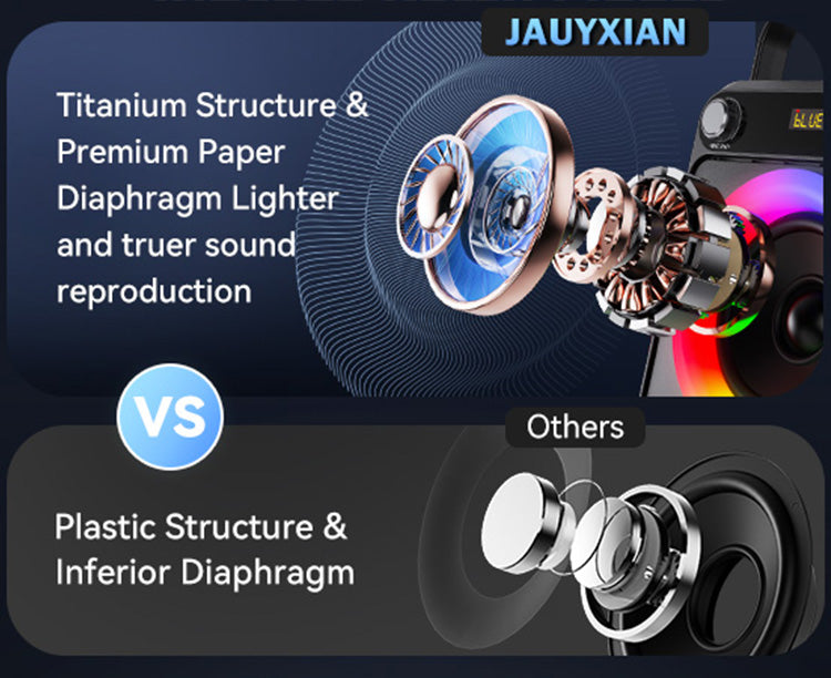 The JYX T23-T portable Bluetooth karaoke speaker for adults has a JAUYXIAN titanium structure and premium paper diaphragm for lighter, truer sound. Others have plastic structure and inferior diaphragm.