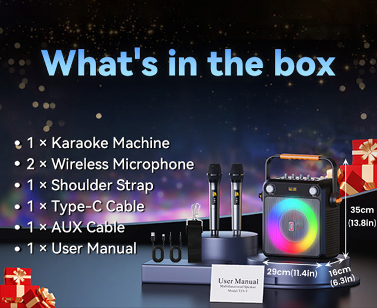 The JYX T23-T portable Bluetooth karaoke speaker for adults. Box contents: 1 machine, 2 wireless mics, 1 shoulder strap, 1 Type-C cable, 1 AUX cable, 1 user manual.