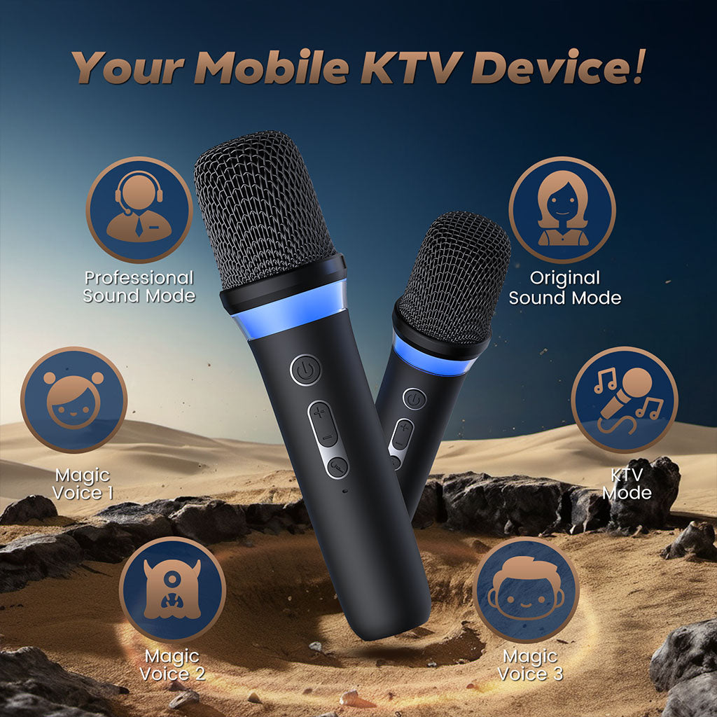 JYX D51 portable Bluetooth speaker with 2 wireless mics for outdoor. A mobile KTV with 5 sound modes: girl, boy, monster magic voices, original, and KTV mode.