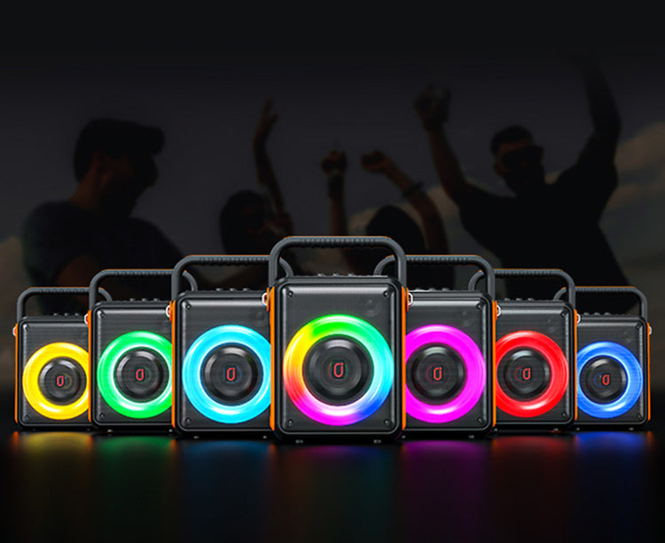 The JYX S65 portable outdoor Bluetooth speaker having 2 wireless microphones comes with 7 different light modes, making it visually appealing.