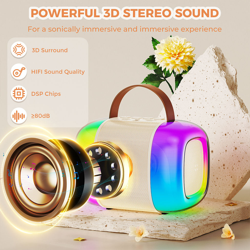 Experience powerful 3D stereo sound with the JYX D33 karaoke machine, featuring 3D surround and HI-Fi sound quality for an immersive audio experience.