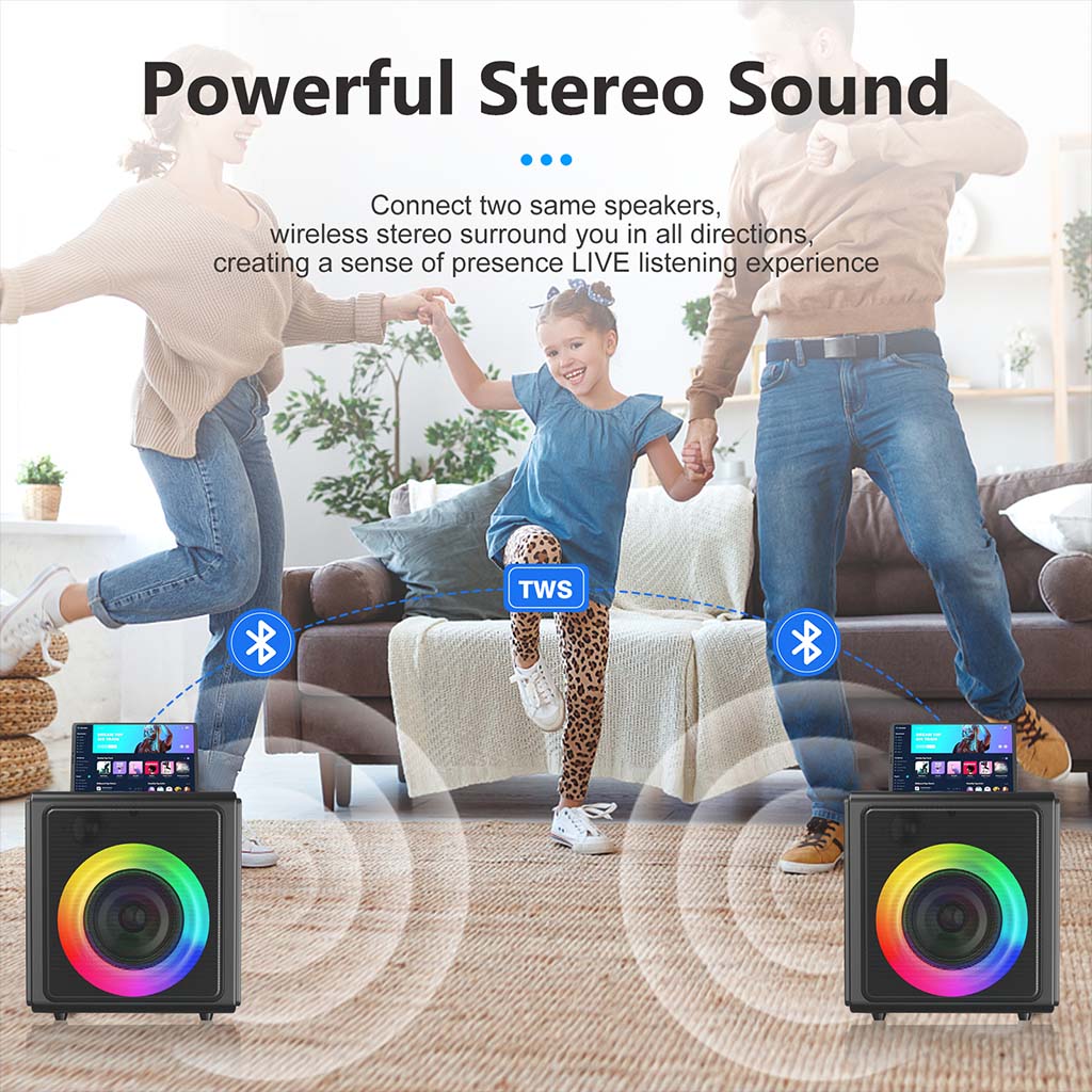 JYX MS75 portable karaoke speaker with powerful stereo sound; connect two for wireless surround sound.