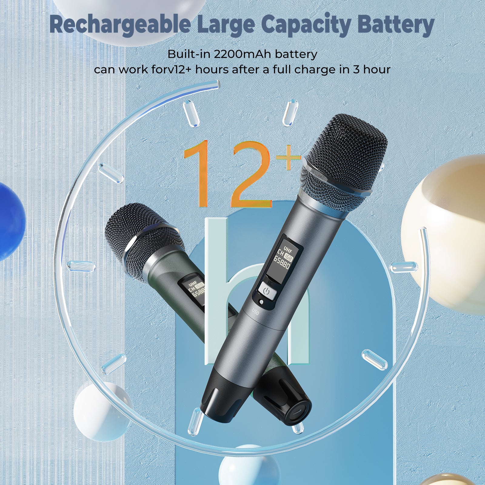 JYX U50 offers a dual wireless microphone setup with a receiver, accompanied by a rechargeable 2200mAh battery. Once fully charged in 3 hours, the battery enables over 12 hours of continuous use.