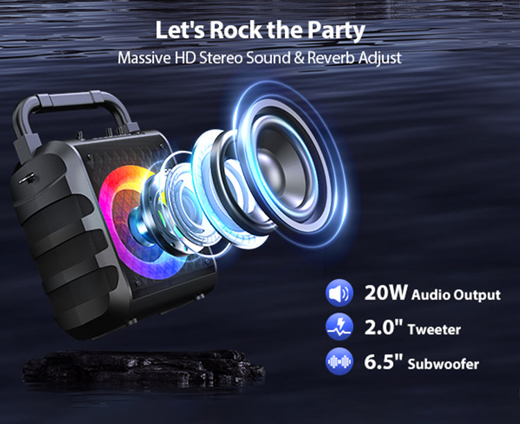 Let's rock the party with massive HD stereo sound, reverb adjust, 20W audio output, 2.0" tweeter, and 6.5" subwoofer.