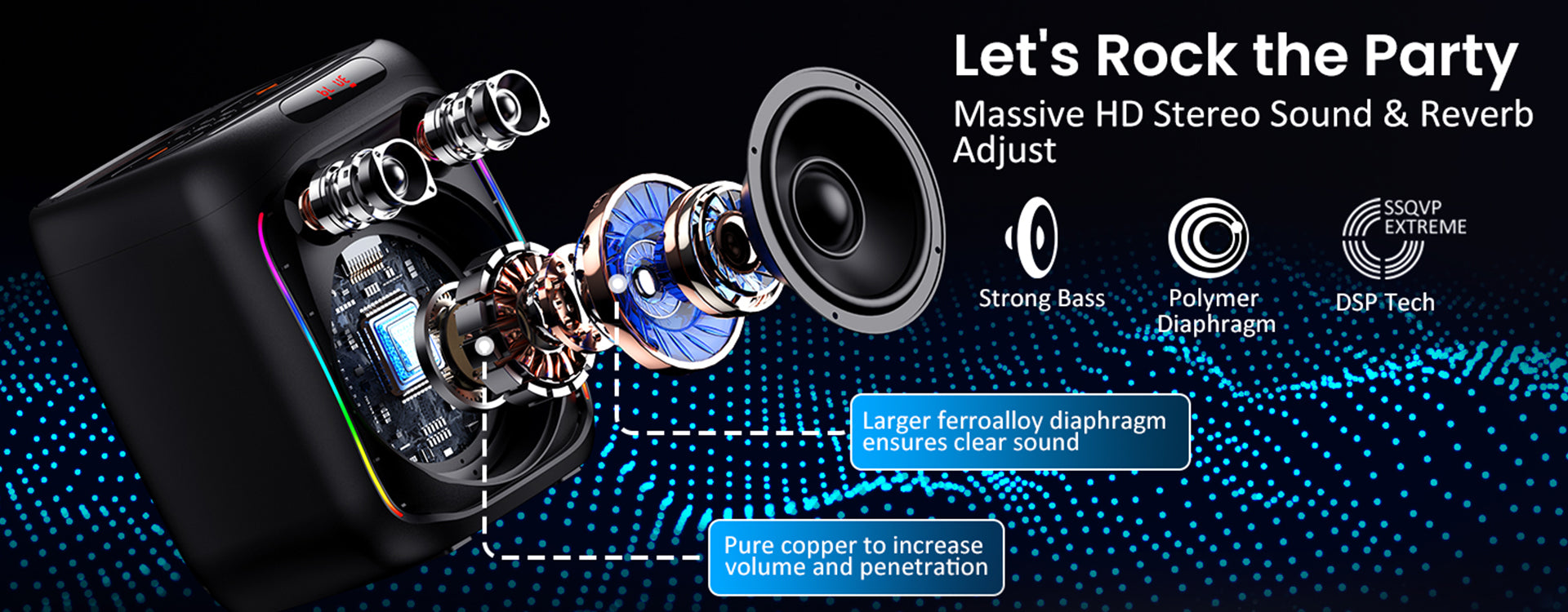 Let's rock the party with massive HD stereo sound, reverb adjust, strong bass, and larger ferroalloy diaphragm for clear sound.