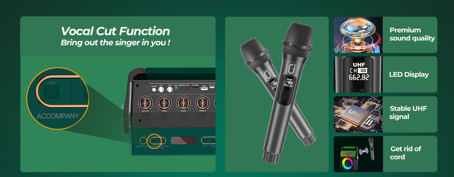 JYX MS73 Singing Machine with vocal cut function, premium sound,microphone LED display, and stable UHF signal.