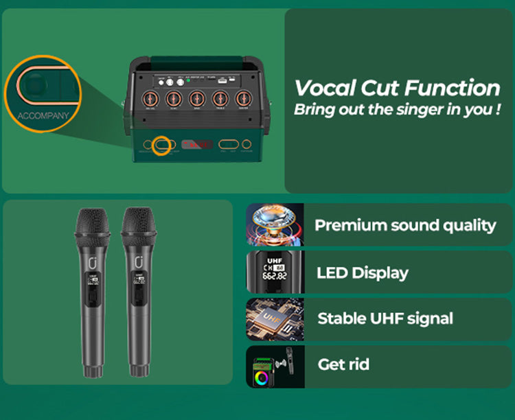 JYX MS73 Singing Machine with vocal cut function, premium sound,microphone LED display, and stable UHF signal.