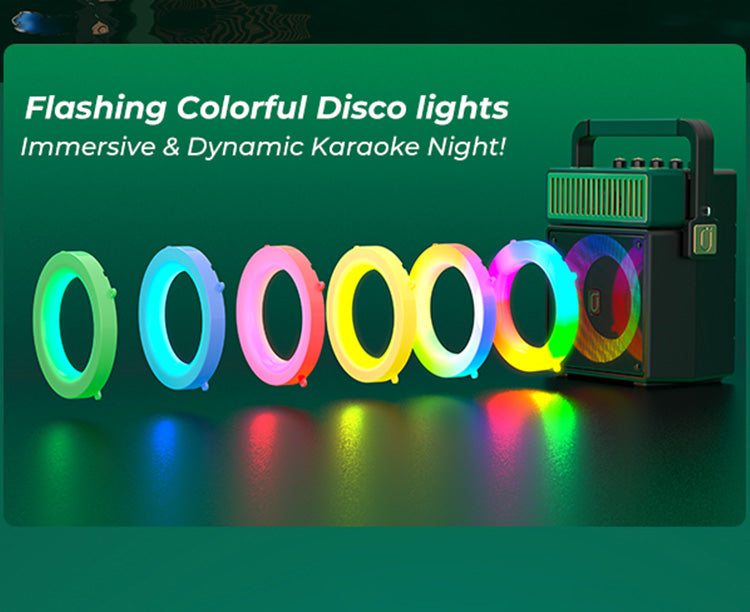 JYX MS73 Singing Machine with disco light, featuring flashing colorful disco lights for an immersive karaoke experience.