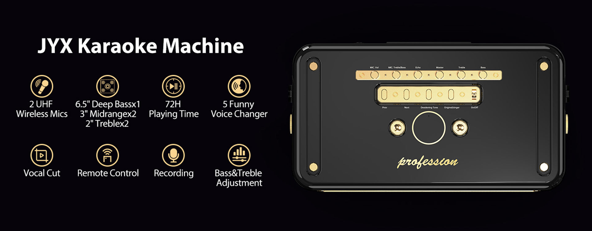 JYX NX202 karaoke machine with 2 UHF mics, deep bass, and 72-hour playtime.