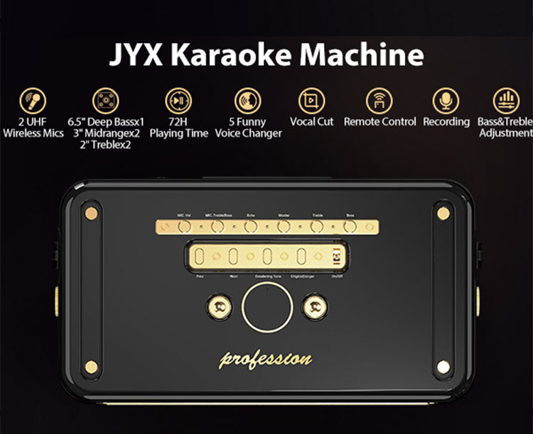 JYX NX202 karaoke machine with 2 UHF mics, deep bass, and 72-hour playtime.