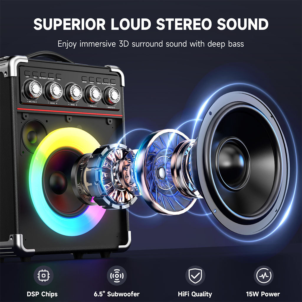 Superior loud stereo sound with 3D surround, deep bass, DSP chips, 6.5" subwoofer, HiFi quality, and 15W power.