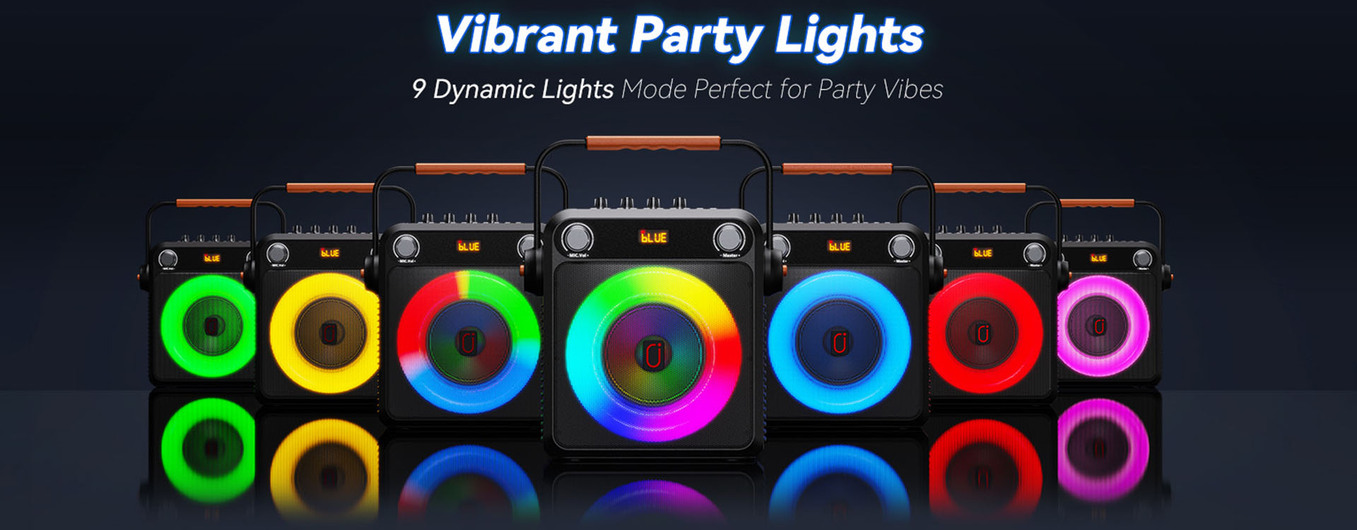 Vibrant party lights and 9 dynamic lighting modes on the JYX T23-T portable Bluetooth karaoke speaker, designed for adults to enhance party vibes and singing experiences.