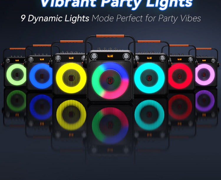 JYX T23-T portable Bluetooth karaoke speaker with 9 dynamic vibrant party light modes, perfect for creating party vibes.