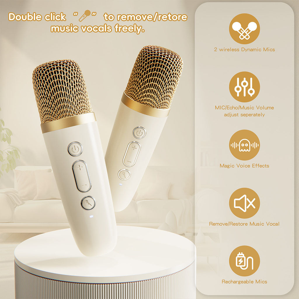 D35 kids' karaoke machine with 2 rechargeable wireless mics, vocal removal/restoration, magic voice effects, and adjustable mic, echo, and music volume.