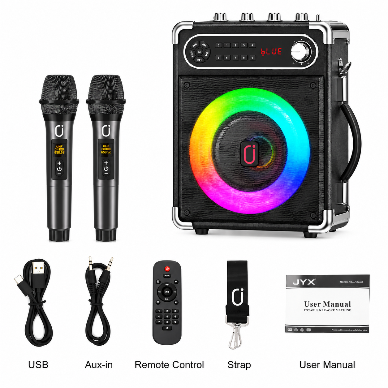 JYX S55 portable karaoke machine full set accessories: speaker, 2 wireless microphones, USB charging cable, AUX cable, remote control, shoulder strap and user manual