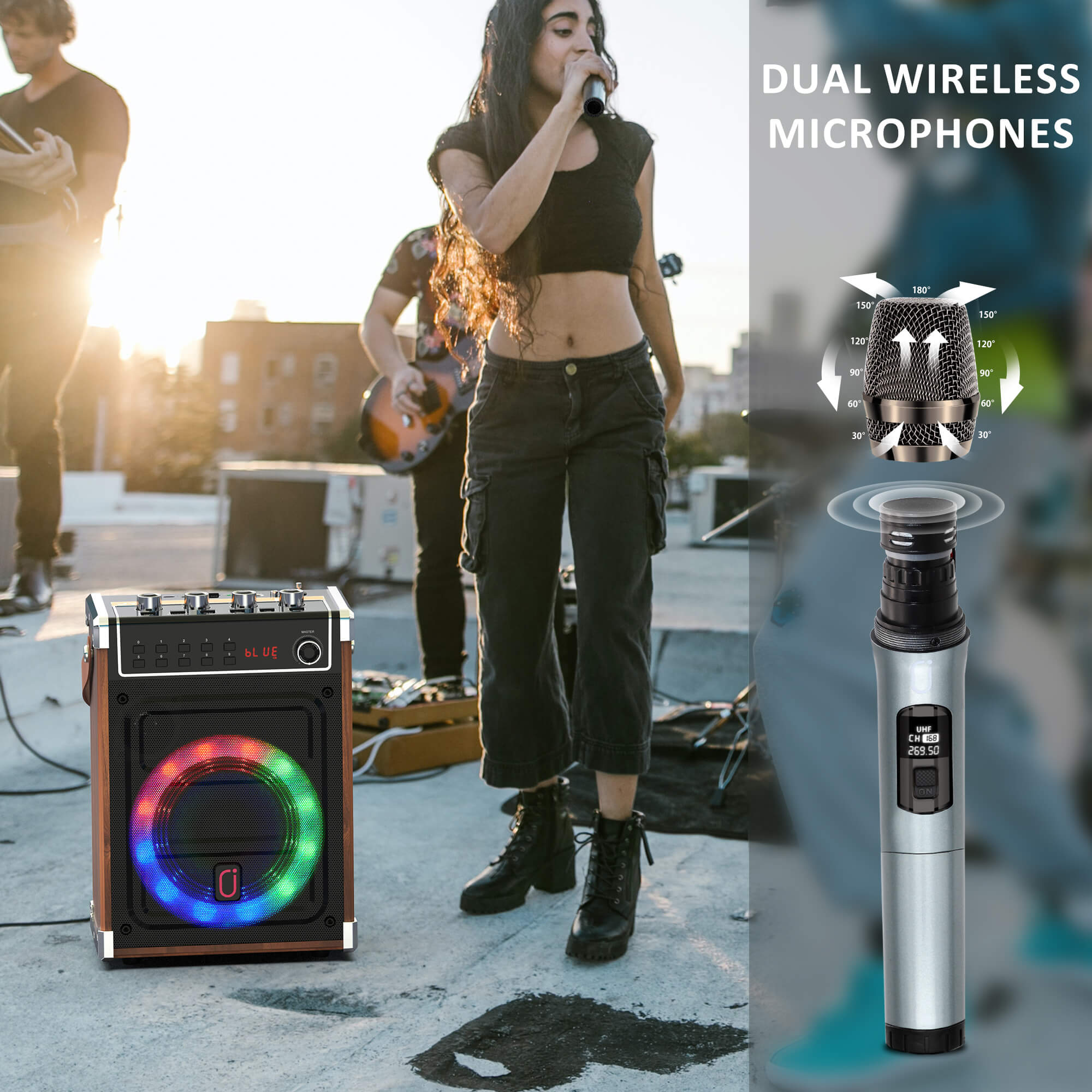 JYX Máquina de karaoke, altavoz de karaoke Bluetooth grande de 10 pulgadas,  altavoz portátil para fiesta con 2 micrófonos inalámbricos, luces de