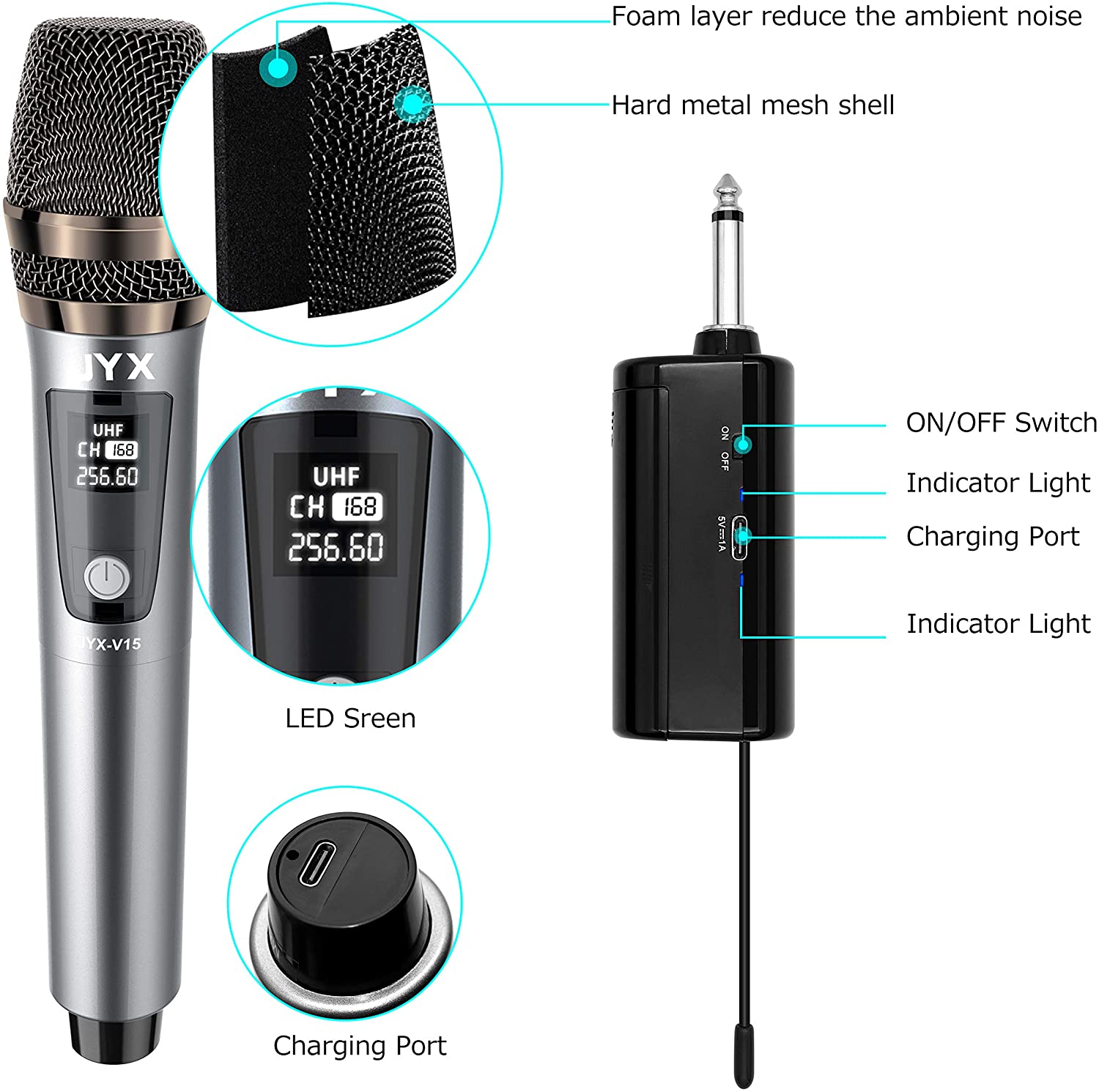 JYX Máquina de karaoke con 2 micrófonos inalámbricos UHF, micrófono  portátil de 5200 mAh, sistema PA recargable Bluetooth 5.0 con TWS, FM, REC